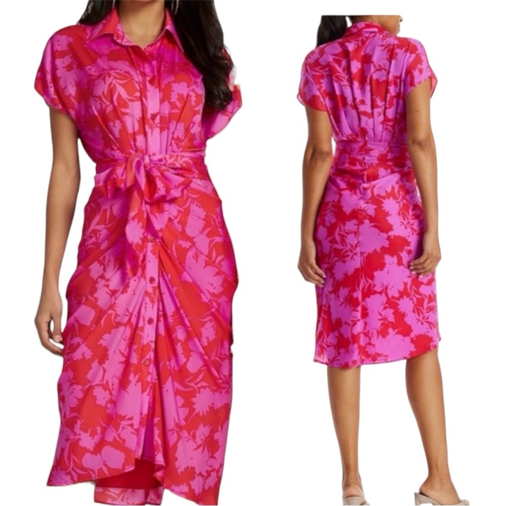 DO+BE | Pink Floral Wrap Style Fitted Button Front Midi Dress